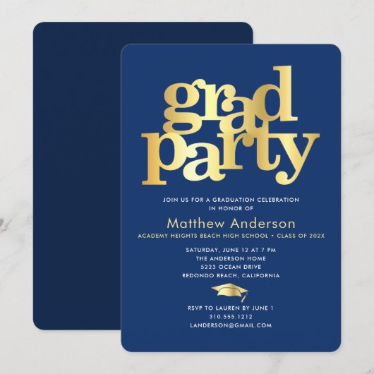 Navy Blau Gold Abschlusskappe Fett Typography Mini Einladung (Vorne/Hinten)