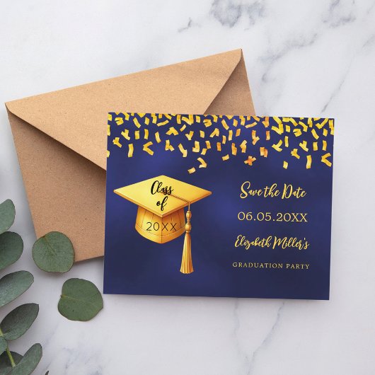 Navy Blau Gold Abschlussparty Save the Date Flyer