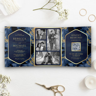 Navy Blau Gold Abstrakt Flüssige Tinte QR Code Hoc Dreifach Gefaltete Einladung