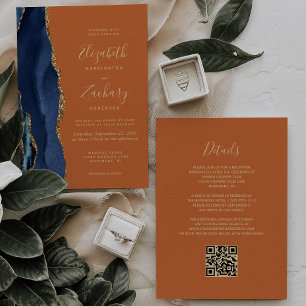 Navy Blau Gold Achat Burnt Orange QR-Code Hochzeit Einladung