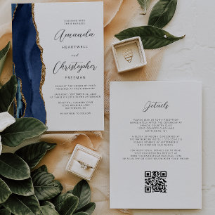 Navy Blau Gold Achat QR Code Hochzeit Einladung