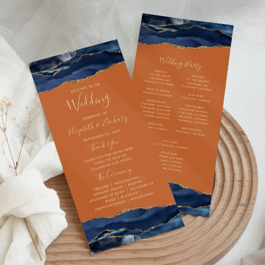Navy Blau Gold Achat verbrannte Orange Hochzeit Programm