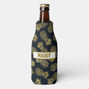 Navy Blau Gold Ananas Muster Monogramm Flaschenkühler