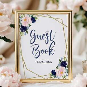 Navy Blau Gold Aquarell Blumen Gästebuch Schild