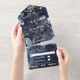 Navy Blau Gold Aquarell Blumen Hochzeitsfoto All In One Einladung