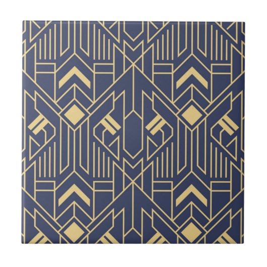 Navy Blau Gold Art Deco Geometrisches Muster Fliese (Vorderseite)