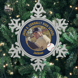 Navy Blau Gold Baseballspieler Foto High School Schneeflocken Zinn-Ornament