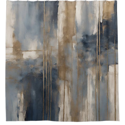 Navy Blau Gold Beige Abstrakte Wasserfarbe Duschvorhang (Vorderseite)