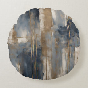 Navy Blau Gold Beige Abstrakte Wasserfarbe Rundes Kissen