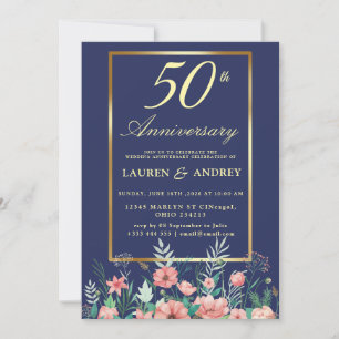 Navy Blau Gold Blumen 50. Hochzeitstag Einladung