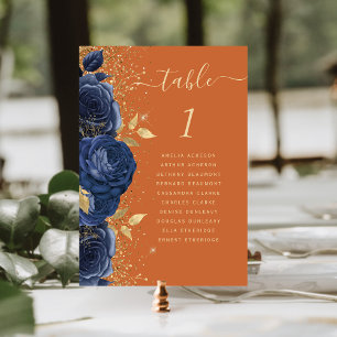 Navy Blau Gold Blumen Hochzeit in verbranntem Oran Tischnummer