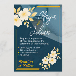 Navy Blau Gold Blumen Hochzeitsfoto Einladung