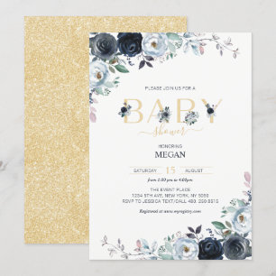 Navy Blau & Gold Boho Florale Babyparty-Einladung Einladung