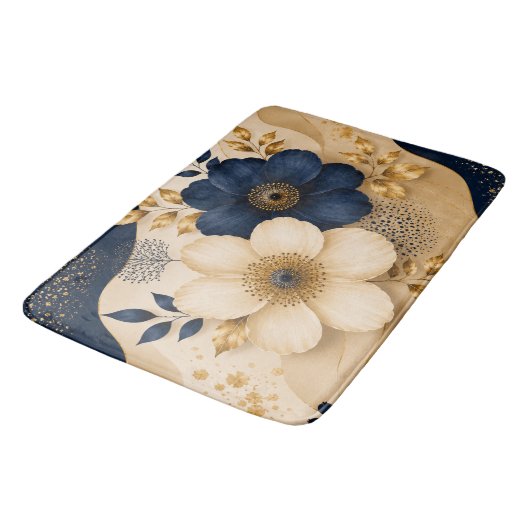 Navy Blau & Gold Botanisches Blumenmuster Badematte (Schrägansicht)