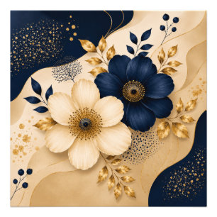 Navy Blau & Gold Botanisches Blumenmuster Fotodruck