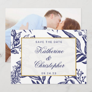 Navy Blau Gold Botanisches Foto Save-the-Date