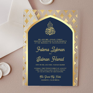 Navy Blau Gold Diamanten Bogen Muslimische Hochzei Acryleinladungen
