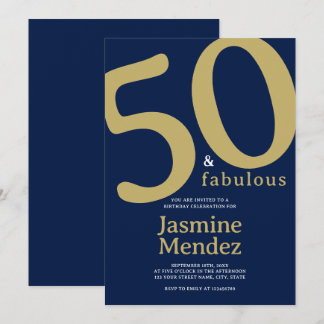 Navy Blau Gold Elegant 50 & Fantastischer Geburtst Einladung