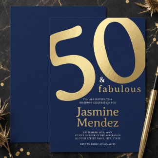 Navy Blau Gold Elegant 50 & Fantastischer Geburtst Einladung