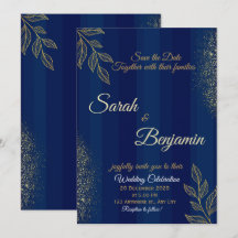 Navy Blau Gold Elegante Hochzeits-Einladung