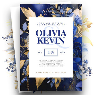 Navy Blau & Gold elegante Hochzeitsblumen Wasserfa Einladung