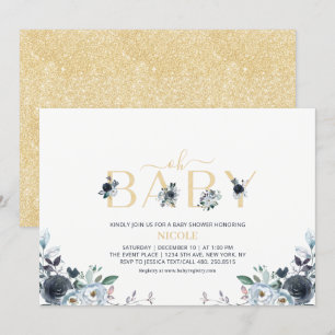 Navy Blau & Gold Elegantes Boho-Floral-Baby-Shower Einladung