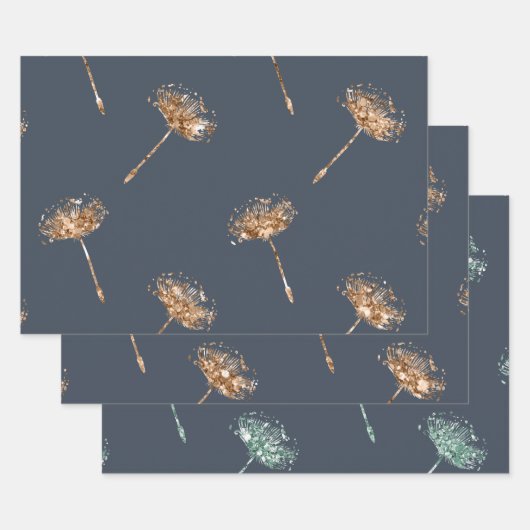 Navy Blau Gold Falscher Glitter Löwenzahn Blumen Geschenkpapier Set (Set)