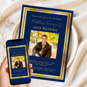 Navy Blau Gold Foto Geburtstag Einladung