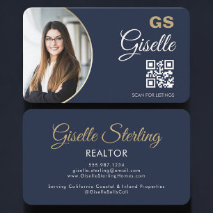 Navy Blau Gold Foto Monogramm Realtor QR Code  Visitenkarte