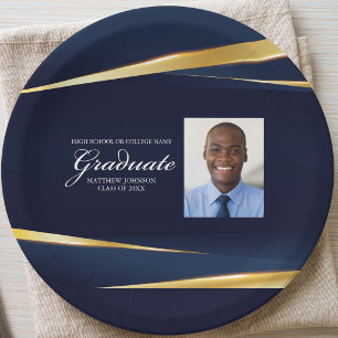 Navy Blau Gold Geometrische Foto Abschlussfeier Pappteller