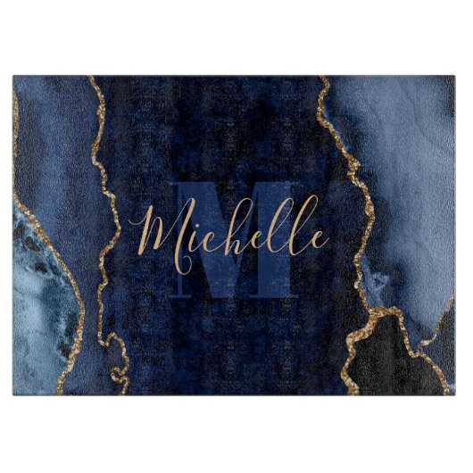 Navy Blau & Gold Glitter Marmor Achat Monogramm Schneidebrett (Vorderseite)