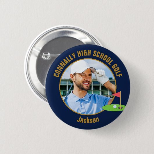 Navy Blau Gold Golfer Foto High School Golfteam Button (Vorne & Hinten)