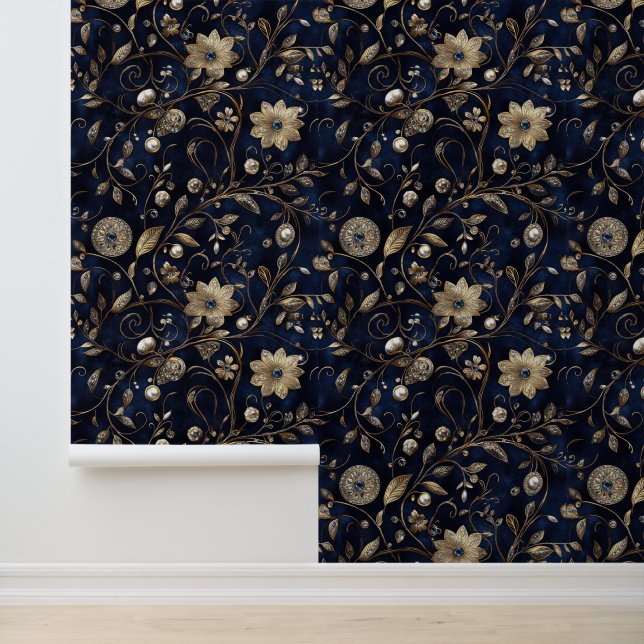 Navy Blau Gold Juwel Blumen Tapete (Anwendung)