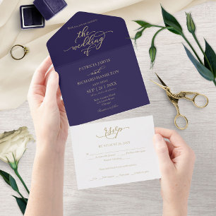 Navy Blau Gold Kalligrafie Alles in Einem Hochzeit All In One Einladung