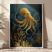 Navy Blau & Gold Kintsugi Oktopus Unterwasser  Poster
