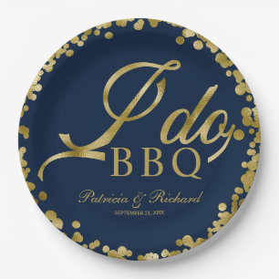 Navy Blau Gold Konfetti Ich Heirate BBQ Verlobungs Pappteller