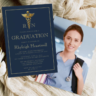 Navy Blau Gold Krankenschwester RN Foto Abschlussf Einladung