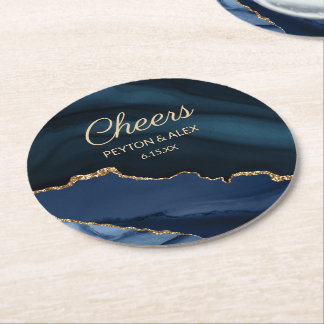 Navy Blau Gold Marmor Achat Hochzeitsempfang Runder Pappuntersetzer