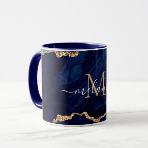 Navy Blau Gold Marmor Individuell Buchstabe Name T Tasse