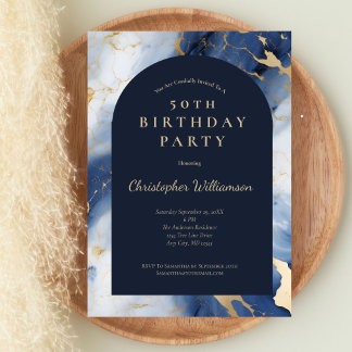 Navy Blau Gold Marmor Modern Arch 50. Geburtstag Einladung