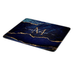 Navy Blau Gold Marmor Schneidbrett Monogramm Name Schneidebrett