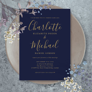 Navy Blau Gold Moderne Minimalistische Hochzeit Einladung