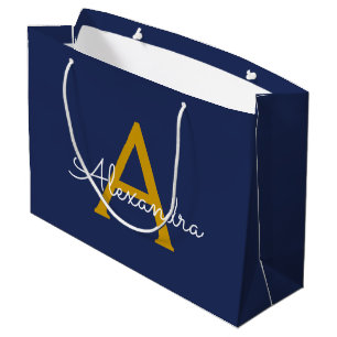 Navy Blau Gold Moderne Schrift Weibliches Monogram Große Geschenktüte
