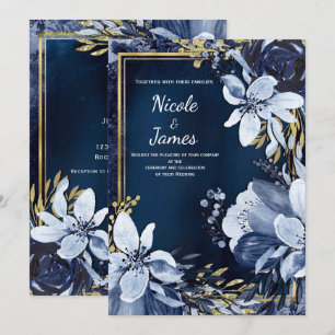 Navy Blau & Gold Moderne Wasserfarbe Florale Hochz Einladung