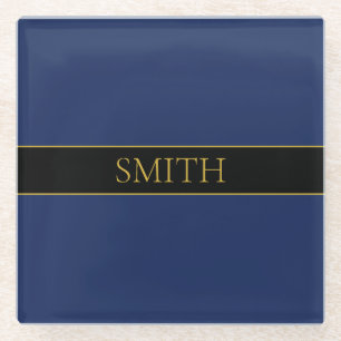 Navy Blau & Gold Name Nachname oder Geschäft Glasuntersetzer