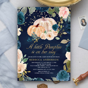Navy Blau Gold Pfirsich Florale Kürbis-Baby-Party Einladung
