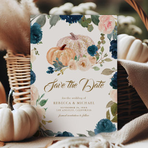 Navy-Blau Gold Pfirsich Florale Kürbis-Hochzeit Save The Date