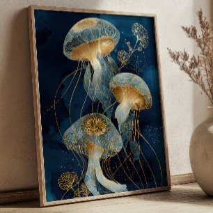 Navy Blau & Gold Quallen Kintsugi-Tusche-Kunst Oze Poster