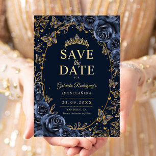Navy Blau Gold Quinceanera Floral Save The Date