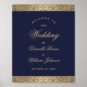 Navy Blau Gold Rosen Elegantes Hochzeit Willkommen Poster
